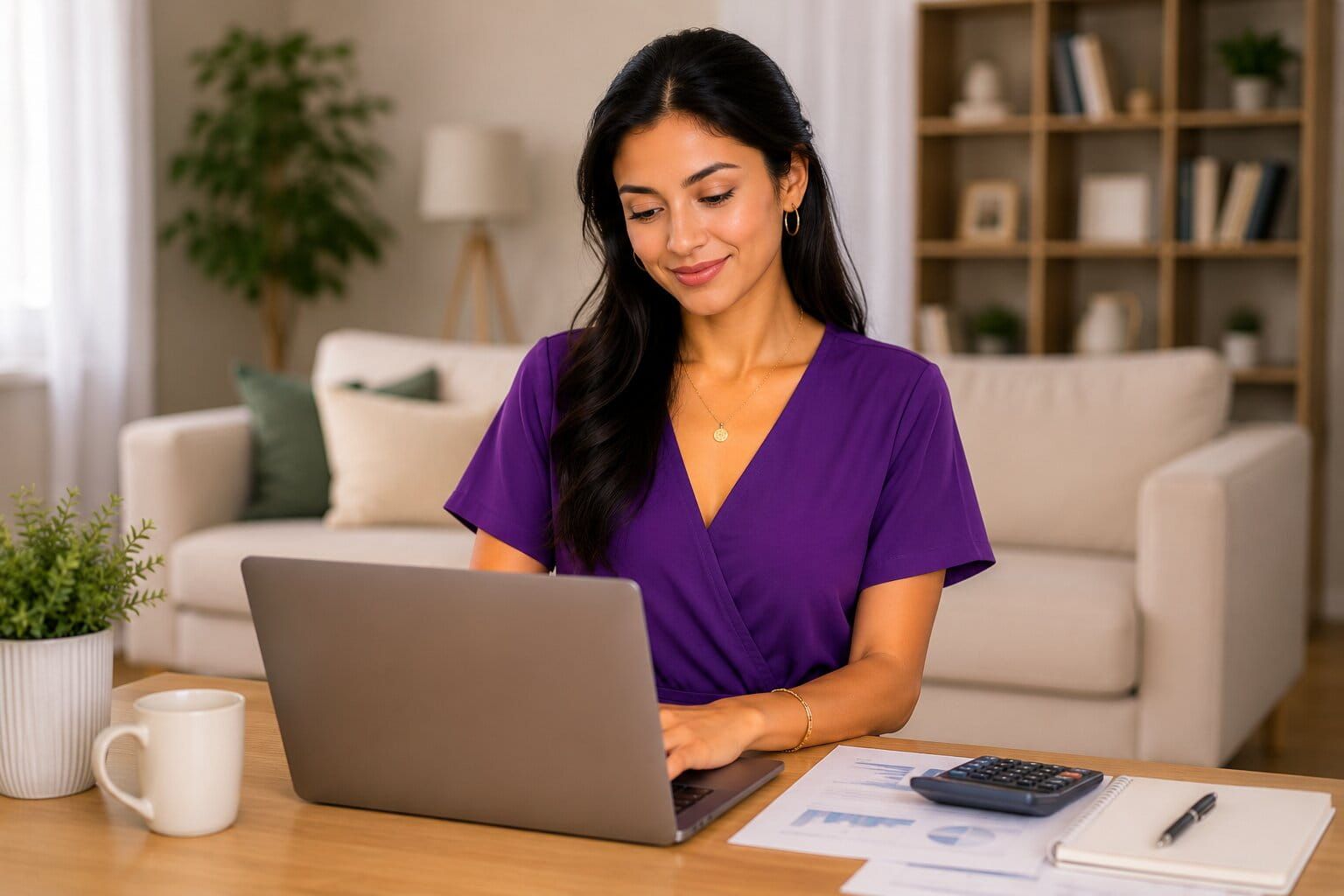 Mujer trabajando desde casa con laptop y documentos financieros en una sala moderna y luminosa